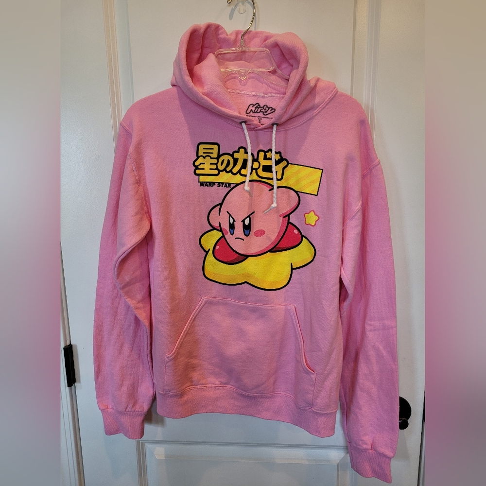 Kirby Warp Star Sweatshirt Hoodie Men's S Drawstring Pocket Graphic Pink Yellow
